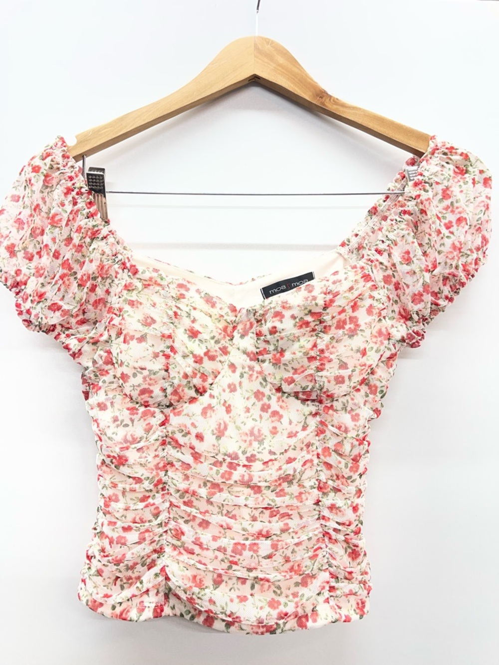 Moa Moa Cream Floral Ruched Puff Sleeve Blouse